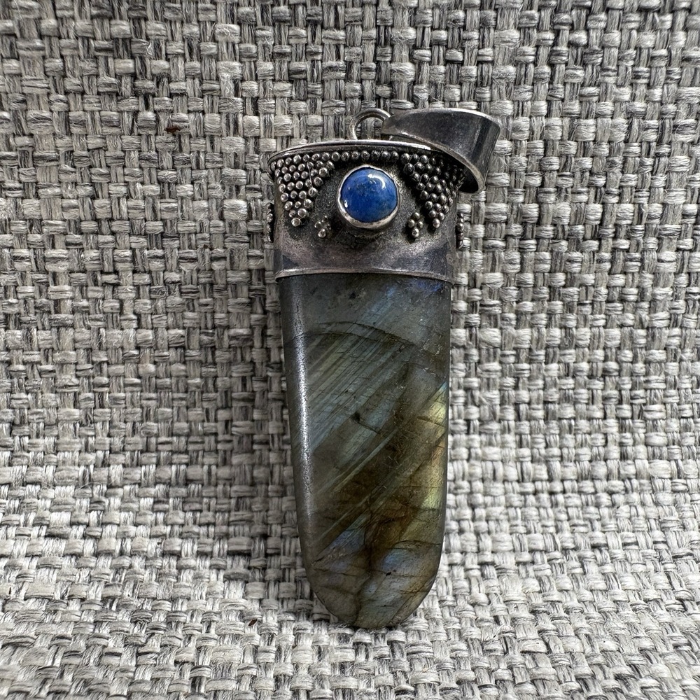 Sterling Silver Labradorite Lapis Lazuli Bullet Pendant Ethnic Tribal Vintage